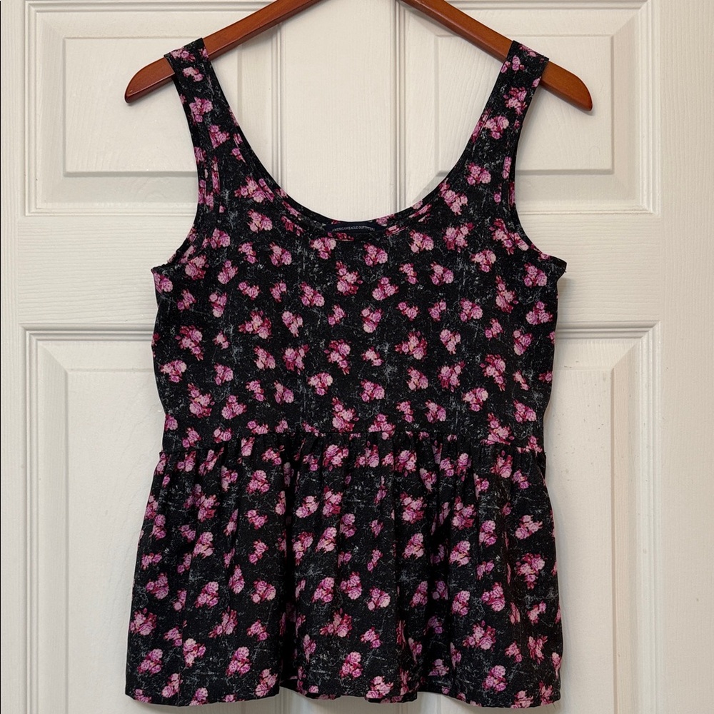 American Eagle Black Pink Floral Babydoll blouse